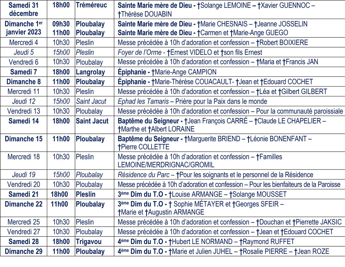 Tableaux Des Intentions De Messes De La Paroisse De Ploubalay