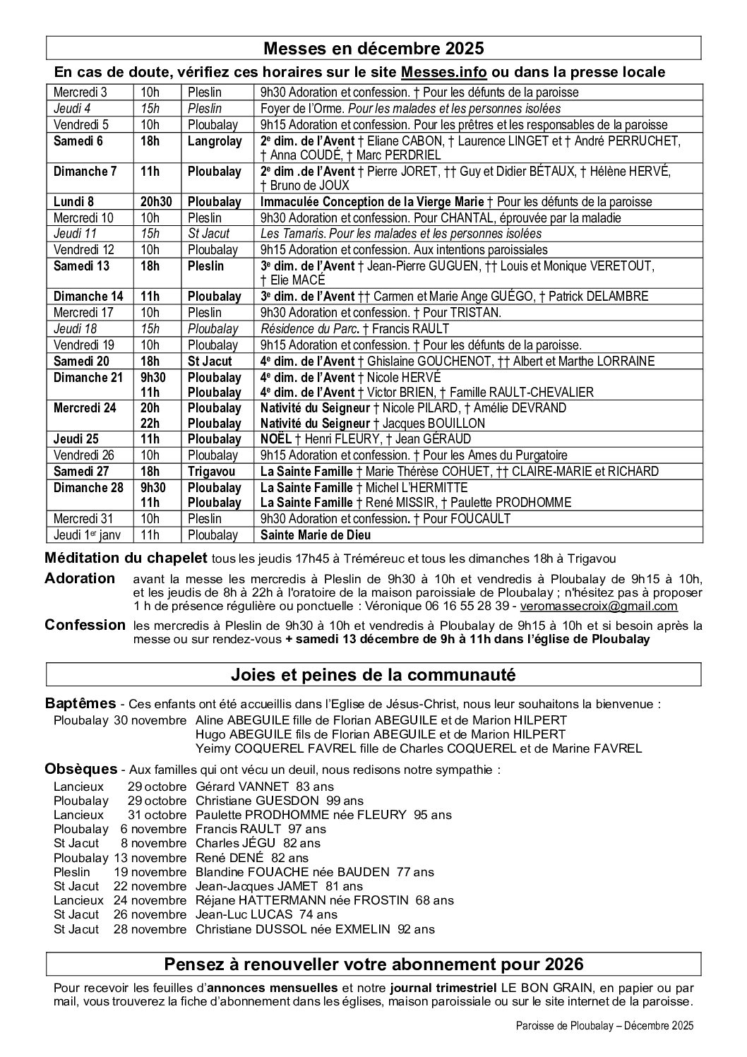Annonces paroissiales verso décembre 2025 Intentions des messes juin 2024